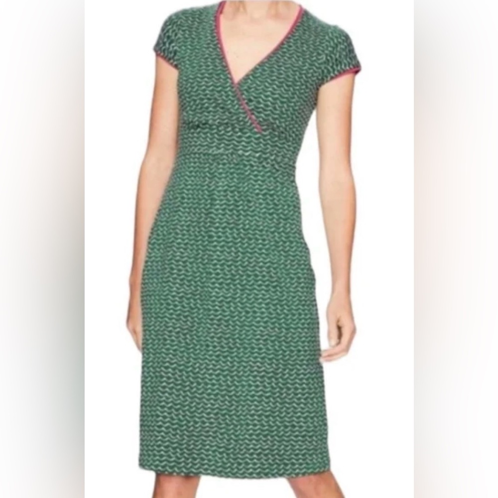Boden Green Pink Wavy Striped Faux Wrap Stretch Midi Dress Size 4L